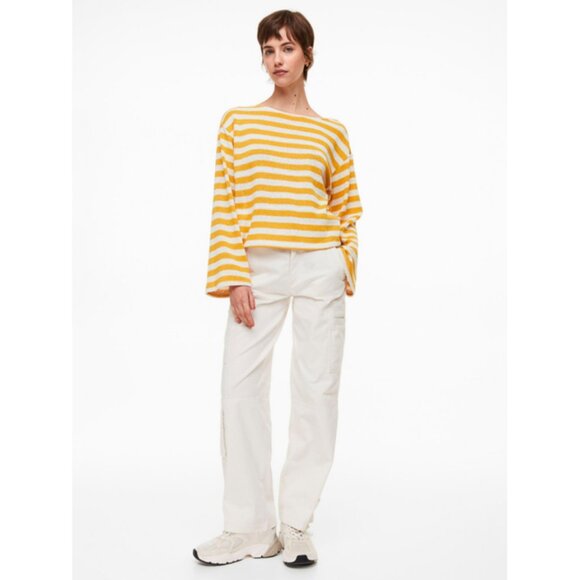 H&M Boxy Bell Sleeve Boat Neck Jumper in Yellow/White Striped Nautical Beachy - Picture 1 of 13